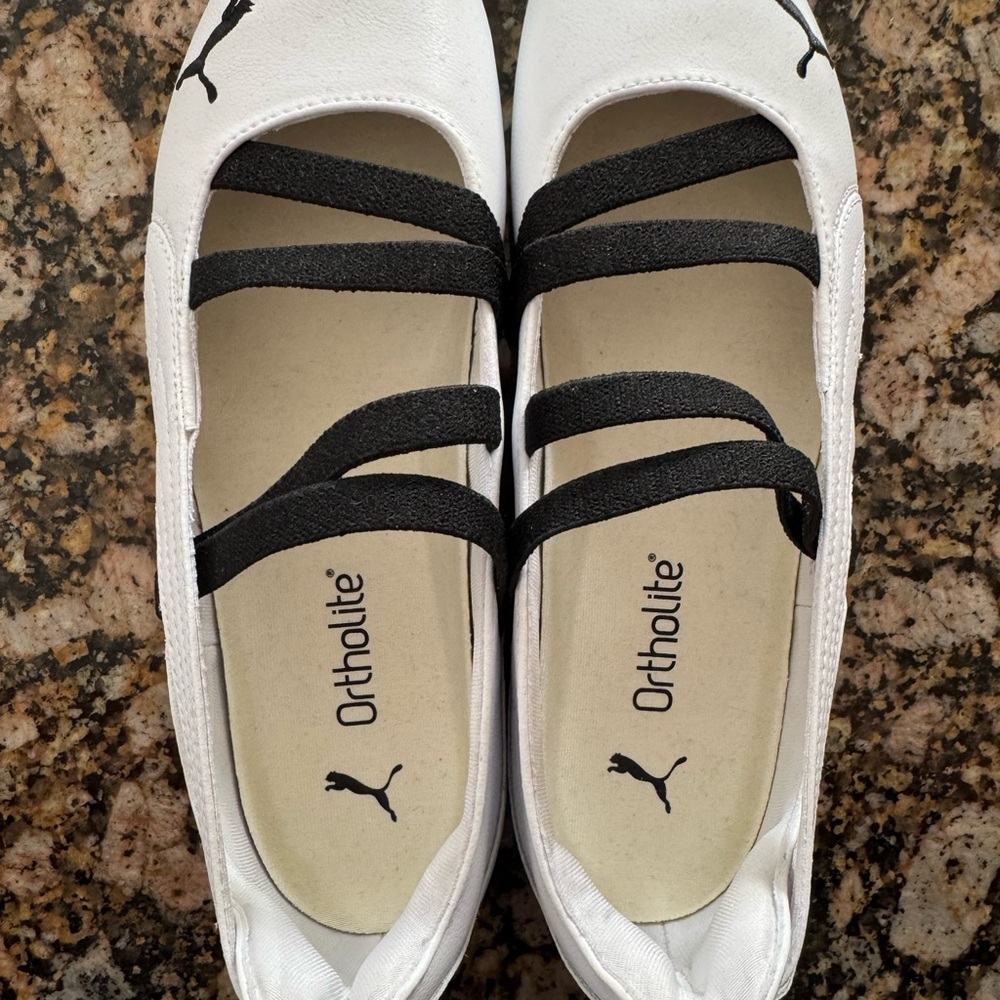 Puma Speedcat White and Black Flats with Elastic Straps